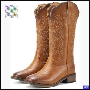 Square Toe Mid Calf Western Boots Chunky Heel Vintage Cowgirl Fashion